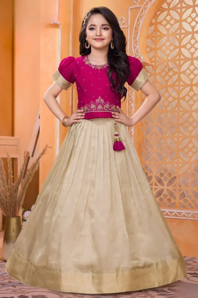 Rani Pink with Cream Zardozi, Stone, Beads and Banaras Zari work Lehenga Choli
